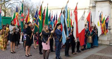 Flag bearers from Commonwealth countries, including Malta, outside Westminster Abbey at the 2017 Commonwealth Day service