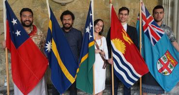 Flag bearers representing Pacific countries in the Commonwealth, including Fiji, at the 2022 Commonwealth Day service.
