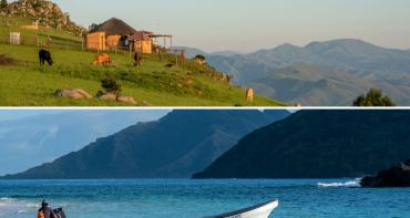 Split image showing the mountains of Eswatini and the coastline of Fiji