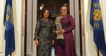 Incoming Commonwealth Secretary-General the Hon. Shirley Ayorkor Botchwey and outgoing Secretary-General the Rt Hon. Patricia Scotland KC, in Marlborough House, London