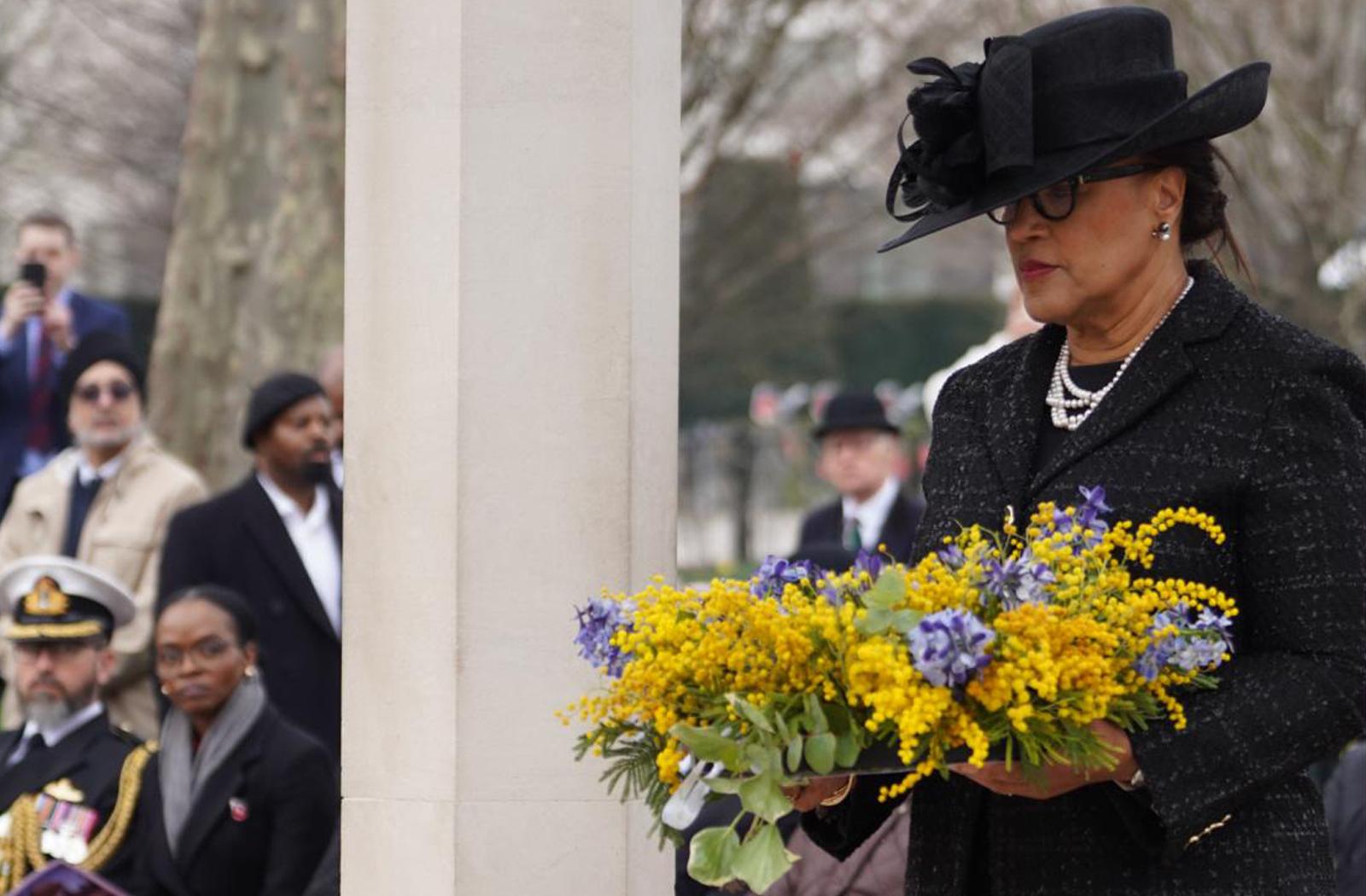The Rt Hon Patricia Scotland KC, Commonwealth Secretary-General laying a wreath at the Memorial Gates 2025