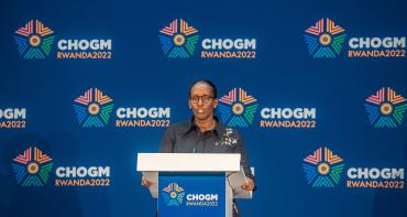 First Lady of Rwanda Jeannette Kagame delivers an address at a mental health event during CHOGM 2022